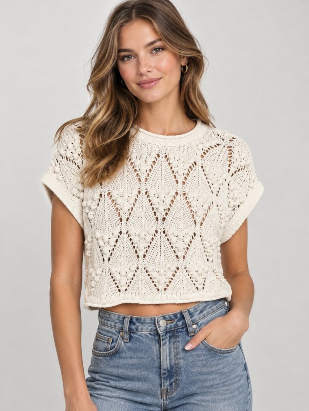 Zara Cream Pointelle Crochet Open Knit Cap Sleeve Cropped Sweater Size L